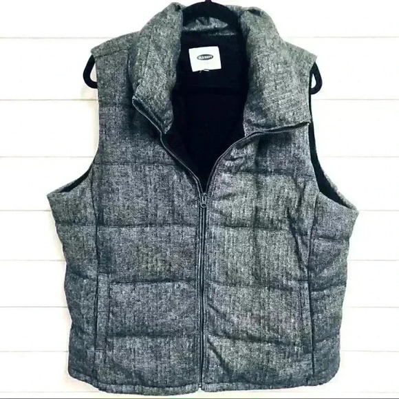Old Navy Wool Blend Grey and Black Herringbone Zip Up Quilted Puffer Vest size L - Picture 1 of 7